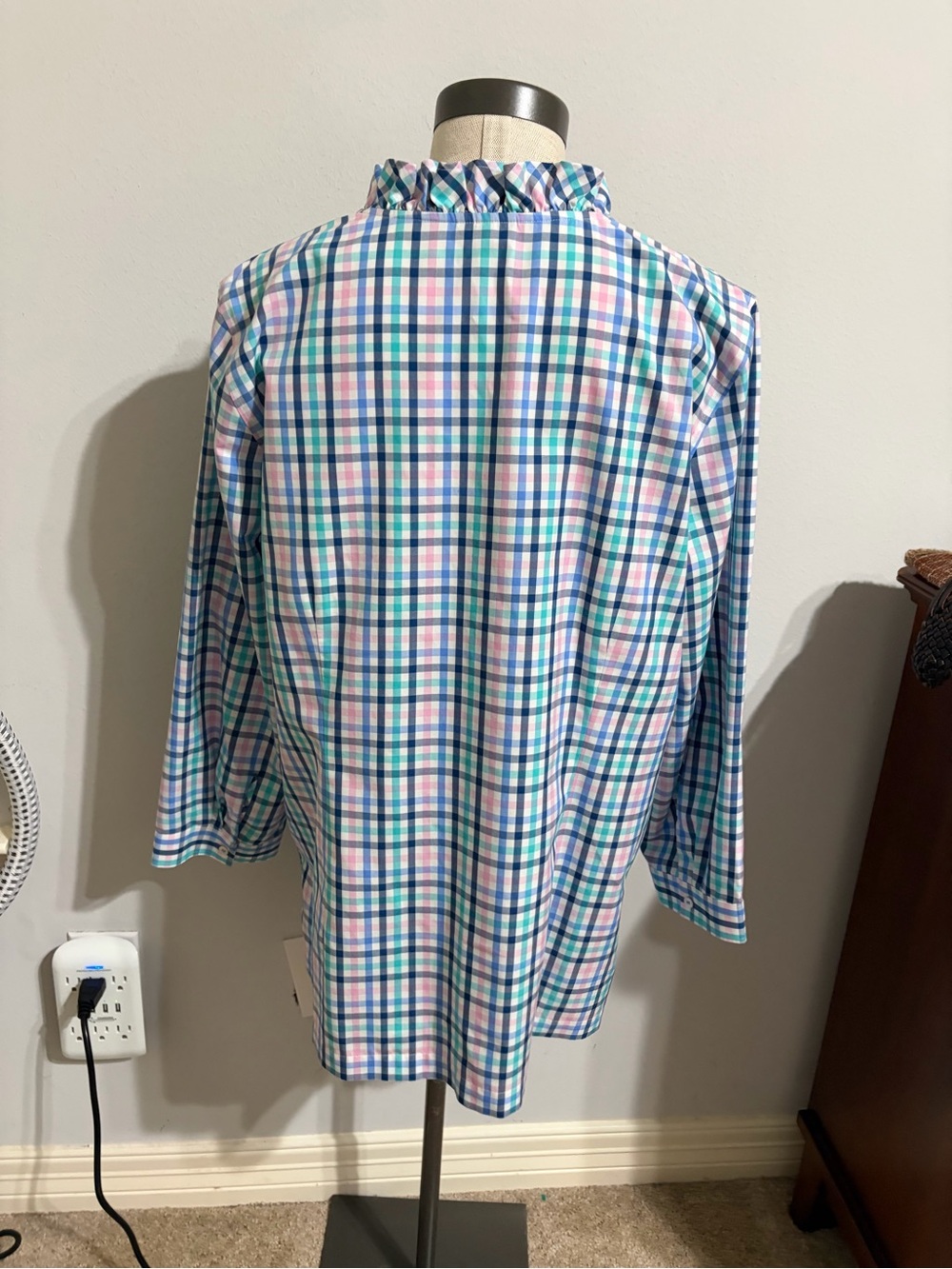 Talbots Blue Pink Plaid Ruffled Collar Tunic Gingham Popover Preppy Size 16 - Picture 3 of 8